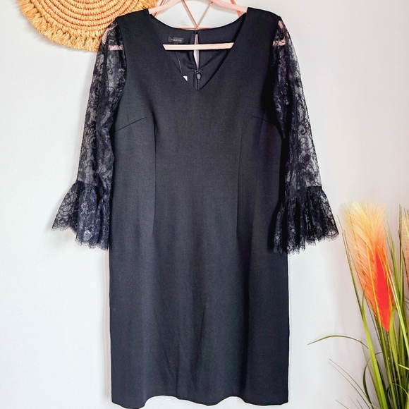 Talbots, New, Black Lace Flounce Sleeve Ponte Knit A-Line Shift Dress, Size 6 - Picture 2 of 12